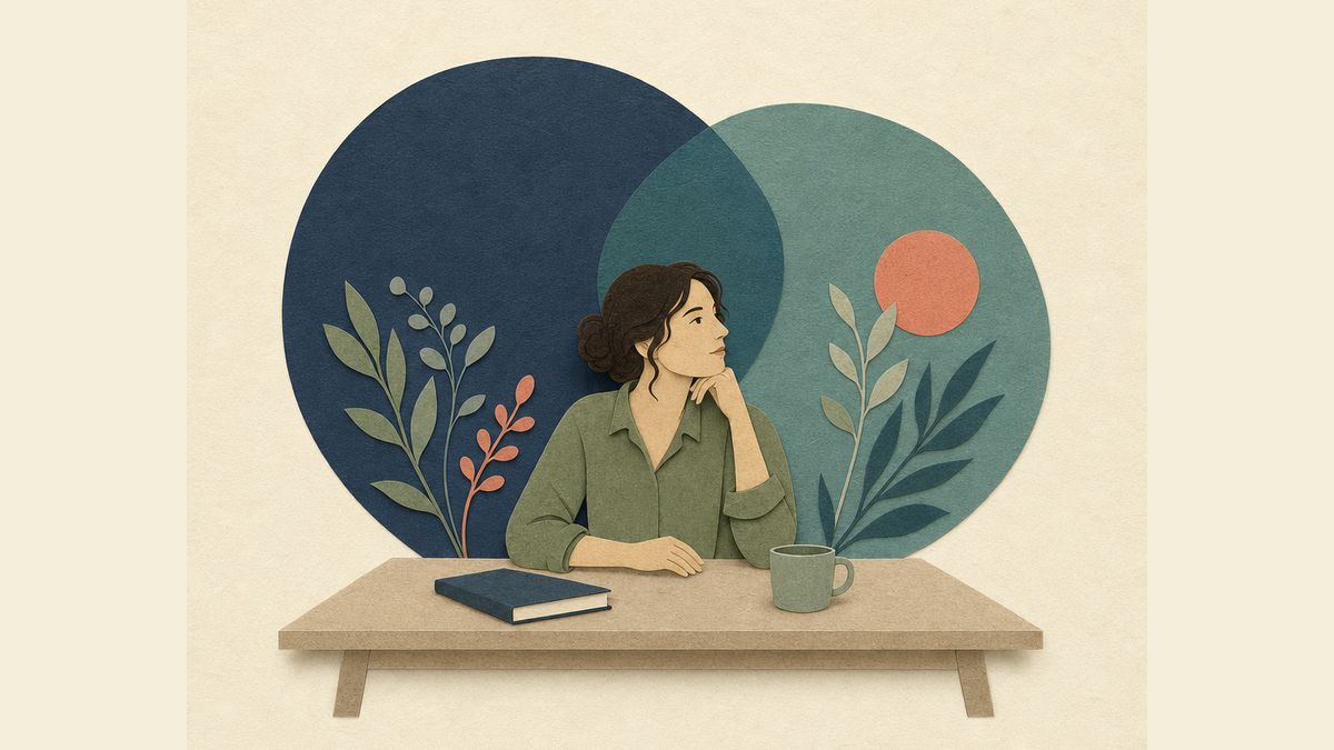 Original ivory paper-collage illustration of a calm adult at a desk, with two overlapping navy and teal curved shapes suggesting two related kinds of exhaustion.