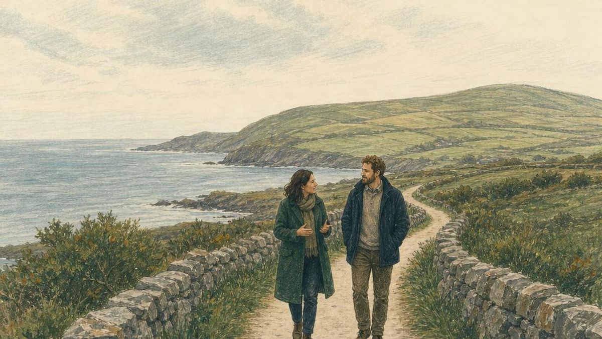 Two adults walk side by side along a quiet Irish coastal path with low stone walls, suggesting space for a coaching conversation.