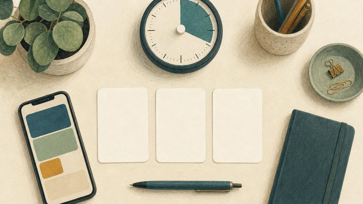 An overhead view of a phone, an unmarked visual timer and three blank task cards, illustrating visible time and manageable next steps.