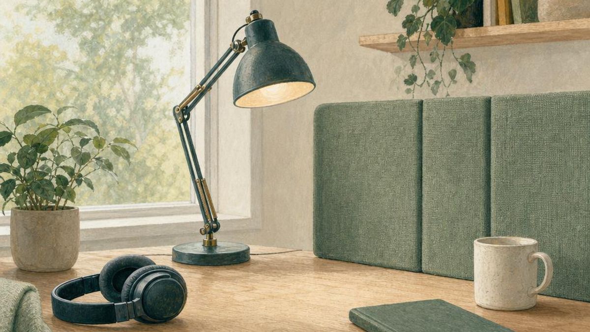 A low-stimulation desk with headphones, a shaded lamp, a fabric desk screen and a notebook, illustrating choices for managing sensory demands at work.