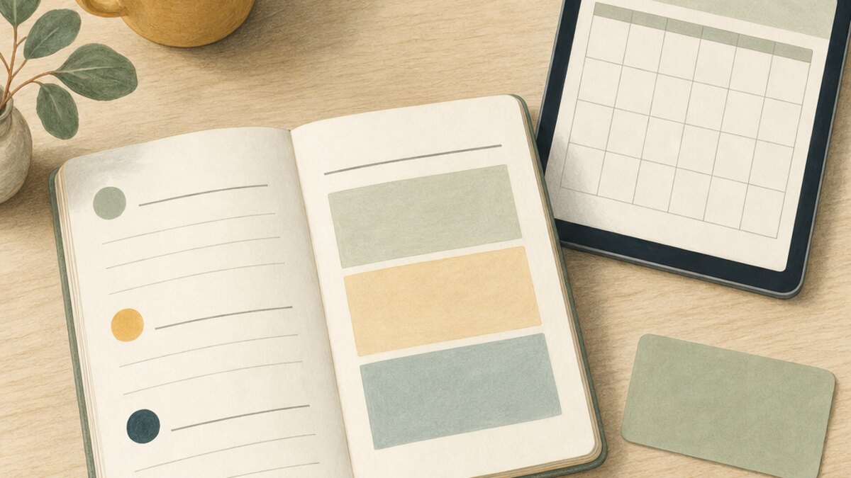 Illustration of an open paper planner, digital calendar, single card, and pen.