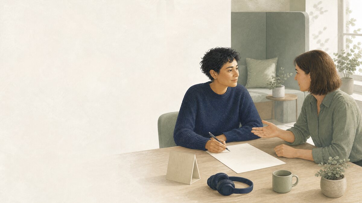 Two professionals having a calm, collaborative conversation about working conditions in a quiet workspace.