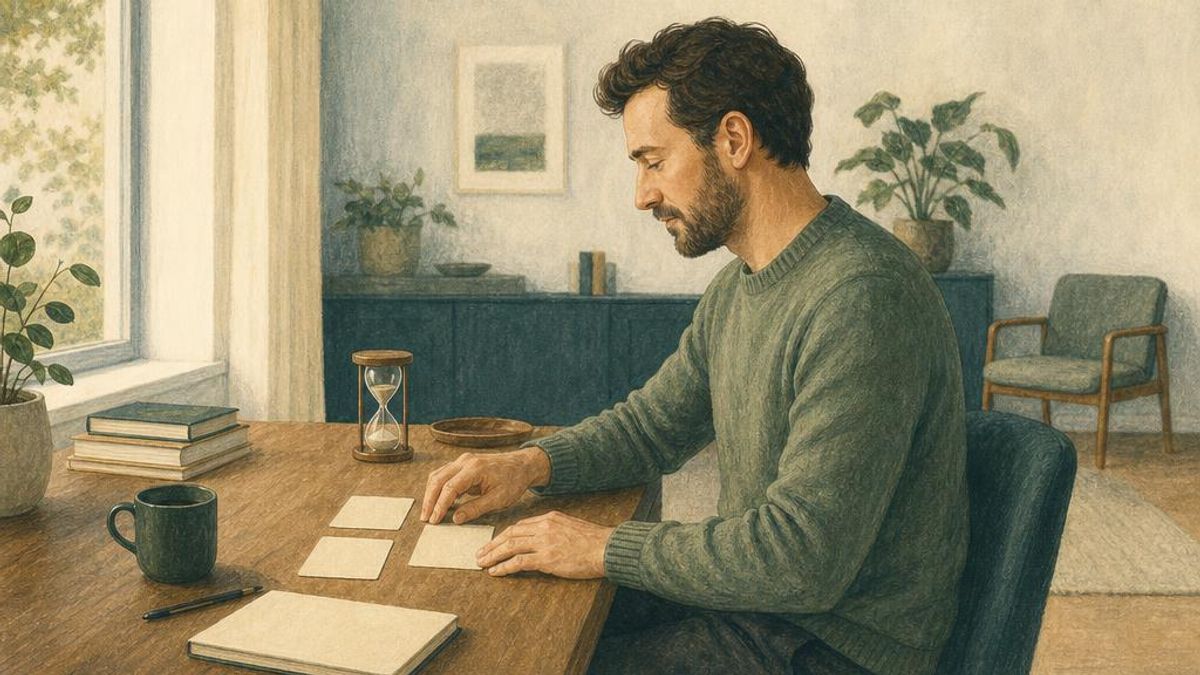 An adult professional arranges blank cards beside a notebook and hourglass at a softly lit desk, reflecting on work patterns while waiting for assessment.