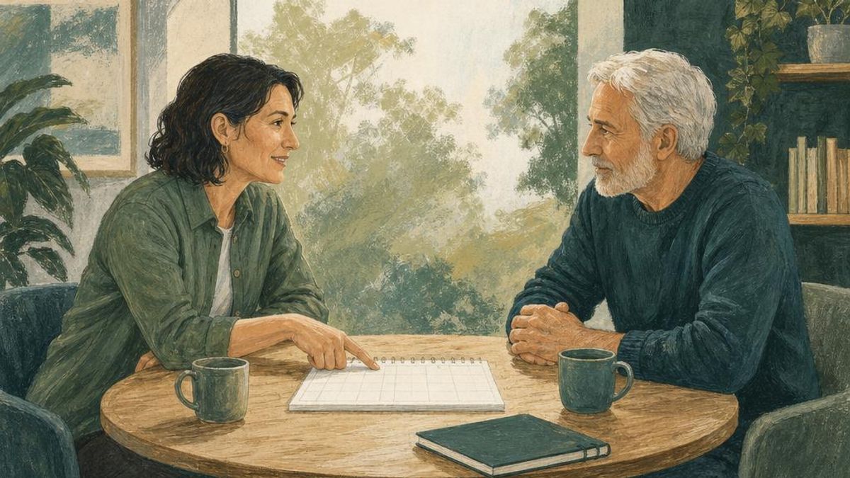 Two adult colleagues discuss a blank weekly plan at a round table, illustrating a practical conversation about support at work.