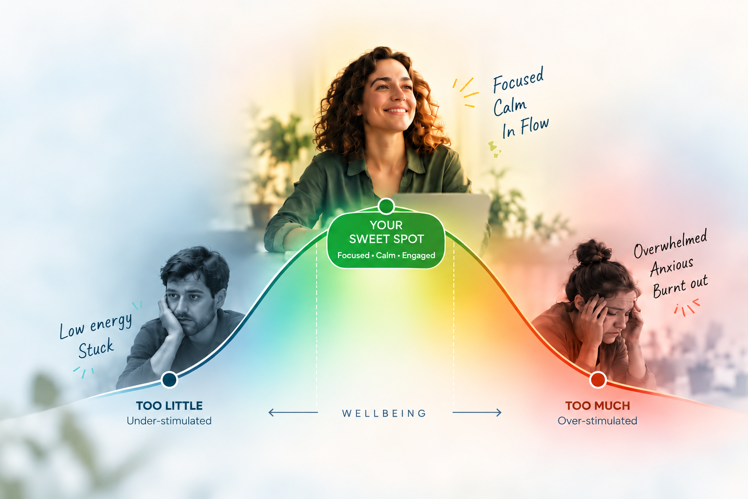 Photographic wellbeing curve with a blue-tinted tired man at the lower left, a calm curly-haired woman in a green blouse at the central green sweet spot, and an overwhelmed woman at the coral lower right.